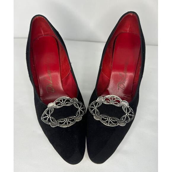 Vintage Black velvet red lining heels with floral wreath metal accent size 7,5 - Picture 2 of 12